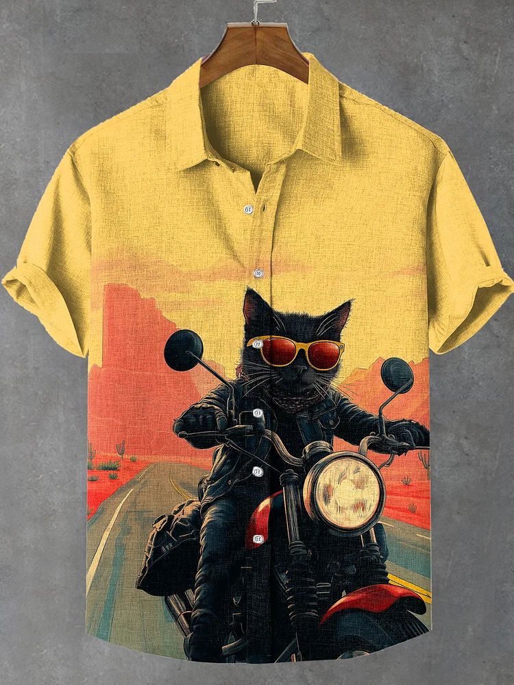 Men's Road Trip Cool Black Cat Print Casual Short Sleeve Shirt