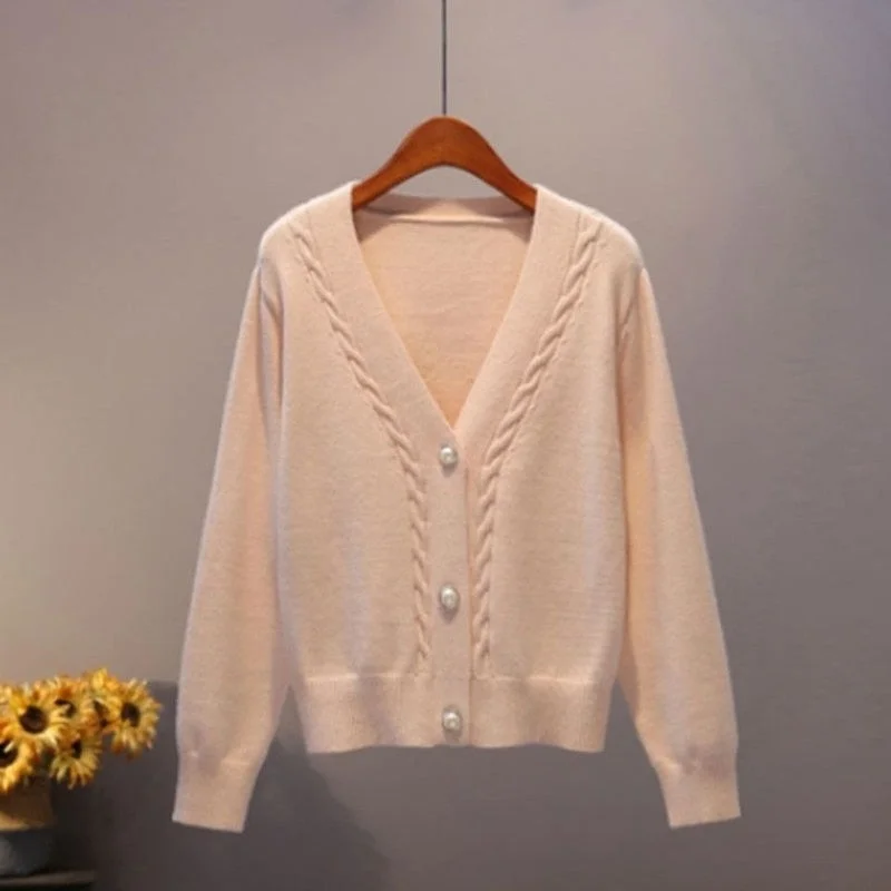 Sweater Cardigan Women Autumn New V Neck Pearl Single Breasted Loose Short Thicken Sweater Sweet Long Sleeve Knitted Top 16969