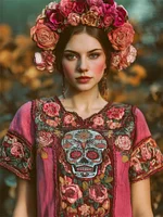 Day Of The Dead Sugar Skull Roses Floral Embroidered Contrast Linen Shirt