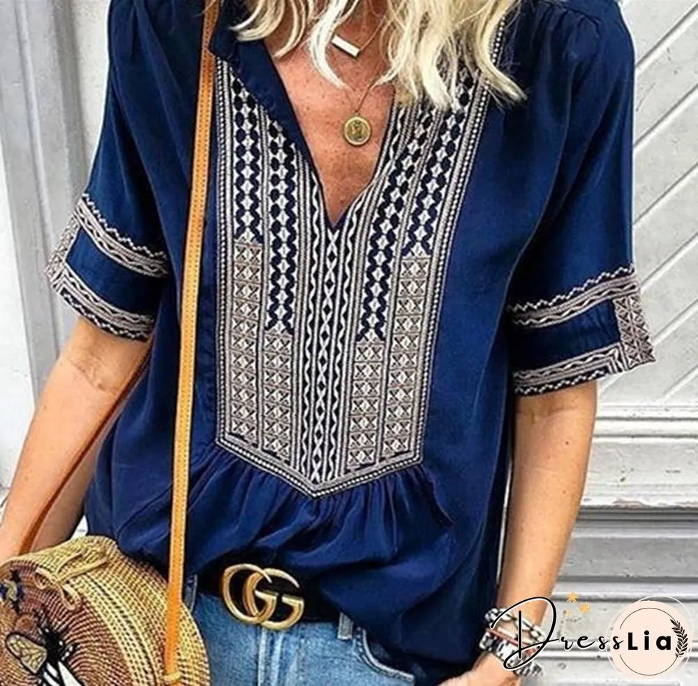 Women Casual Ethnic Style Striped V-Neck Plus Size T-shirts Tops