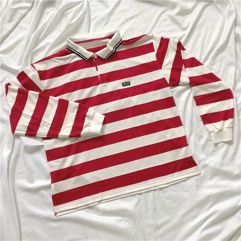 STRIPED POLO COLLAR SPLIT LONG SLEEVE T-SHIRT