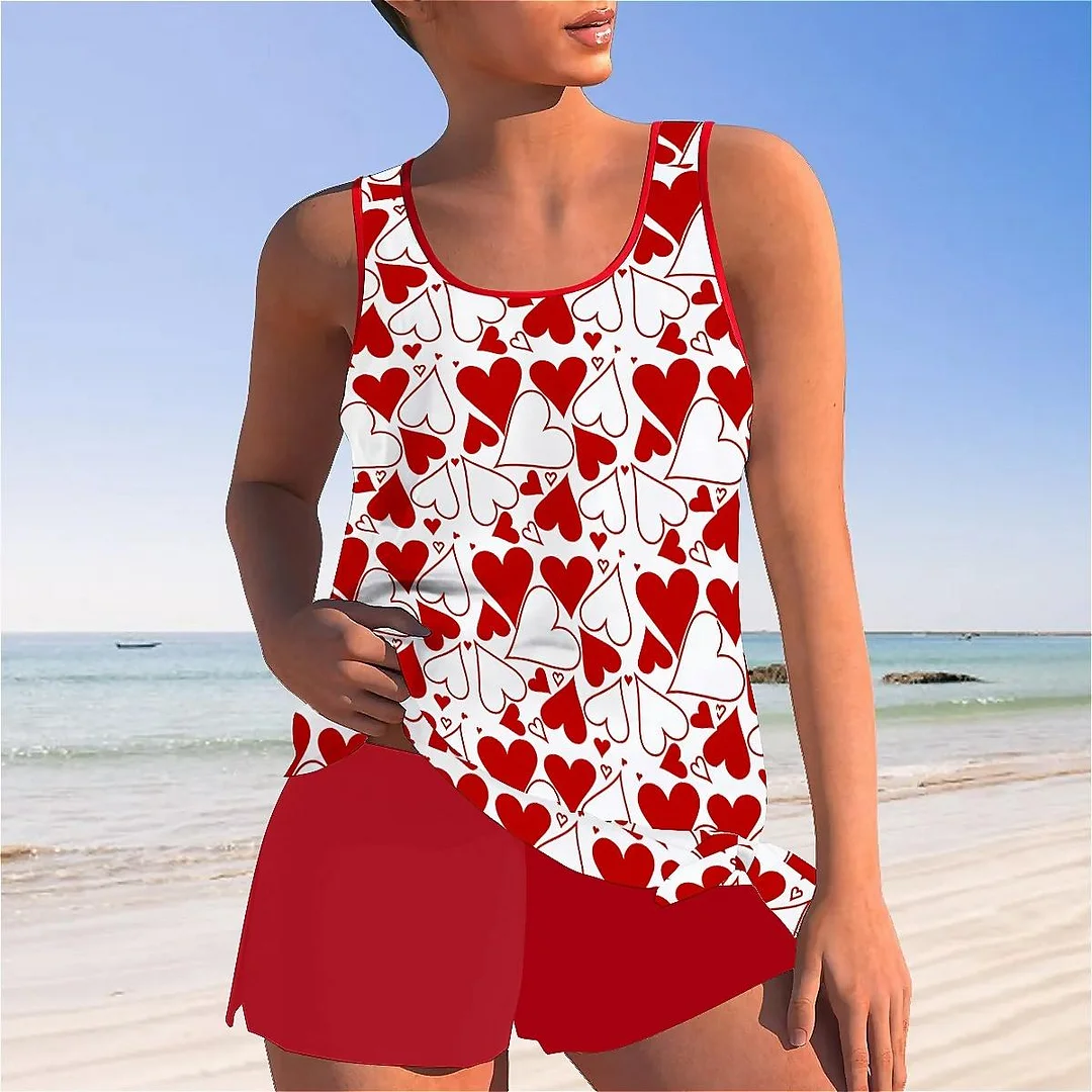 Bowknot Heart,Love,Valentine's Day Mid Waisted Tankini Set - Plus Size Available
