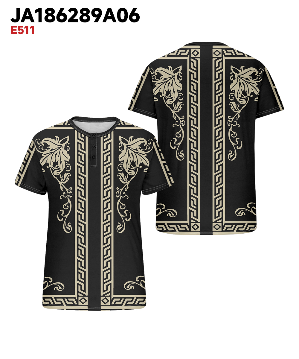 Men's Plus Size Black Vintage Pattern Printed Henry Collar Button Short Sleeve T-Shirt