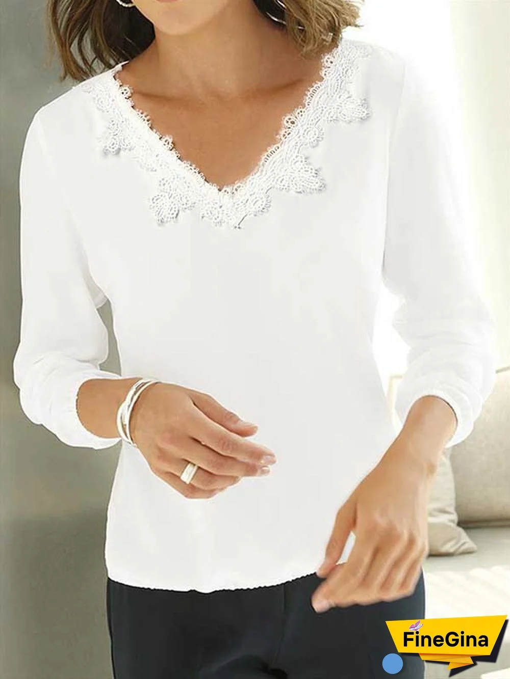 Plain Casual V Neck Tops