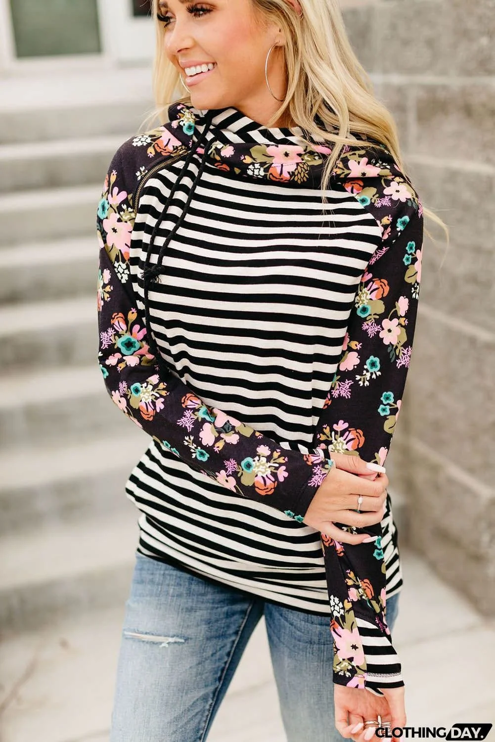 Striped Floral Print Long Sleeve Zipper Hoodie