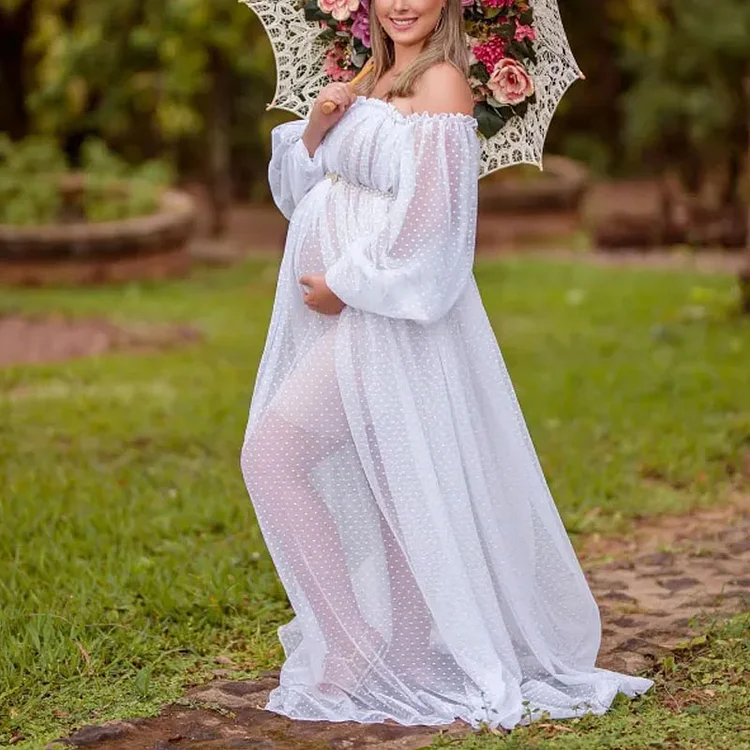 Maternity Elegant White Polka Dot Mesh Off Shoulder Sheer Tulle Photoshoot Dress