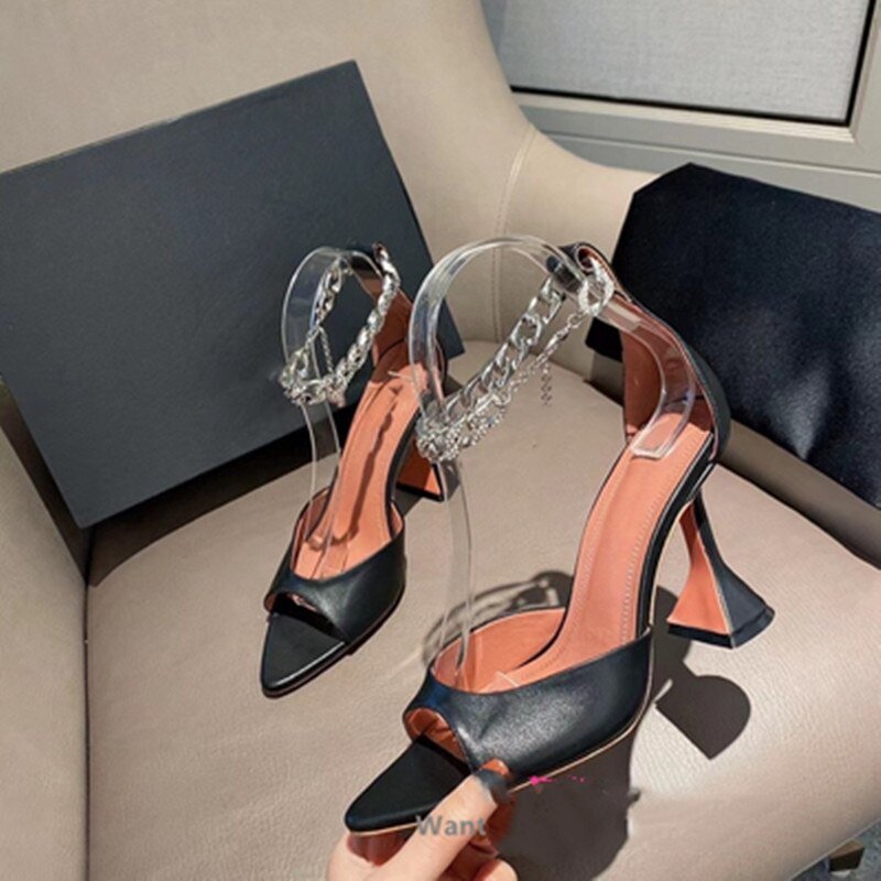 2021 New European and American Peep Toe Chain Rhinestone Genuine Leather Pointed High Heels Sandals Summer Women