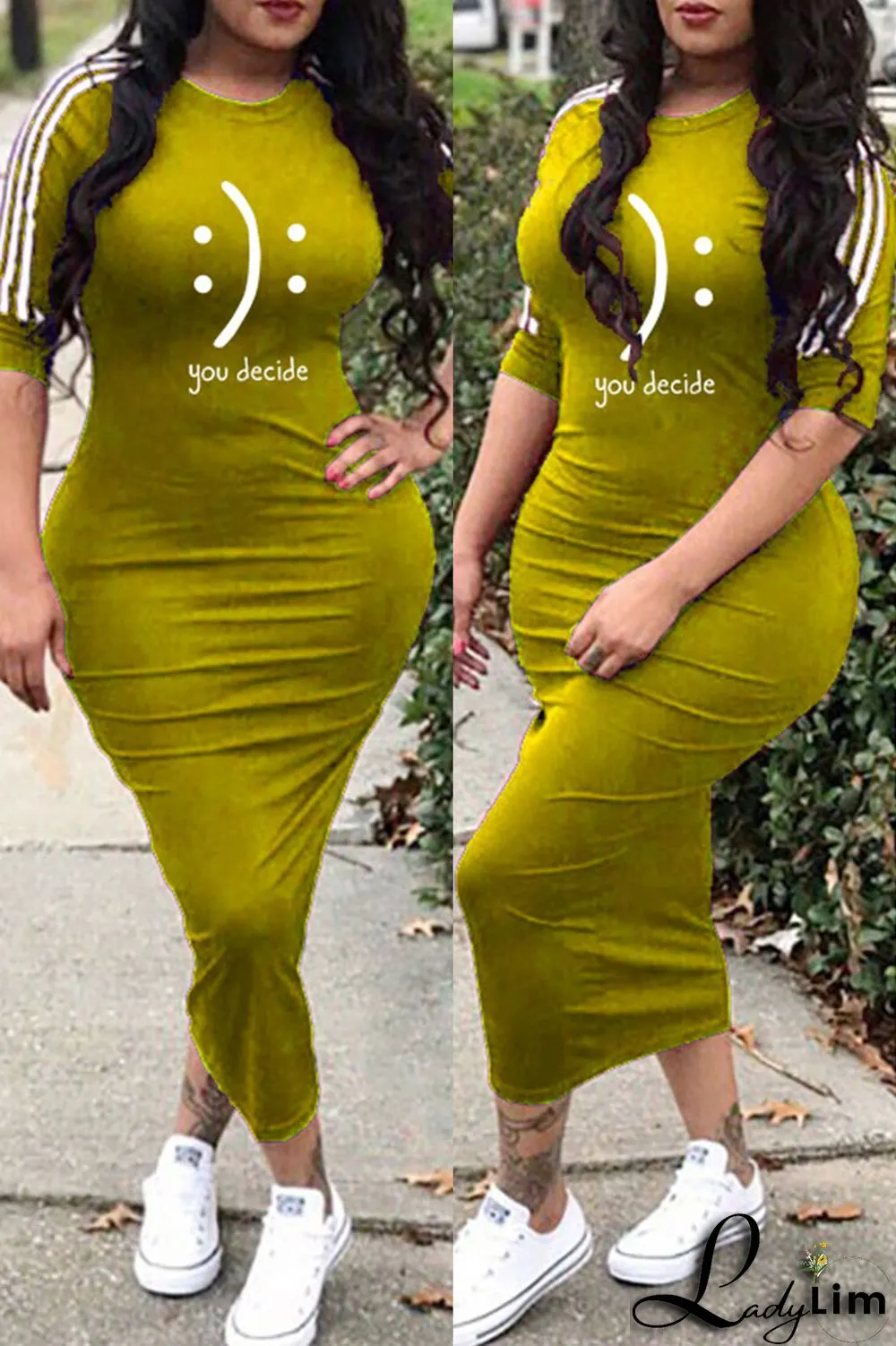 Yellow Fashion Casual Print Basic O Neck One Step Skirt Dresses