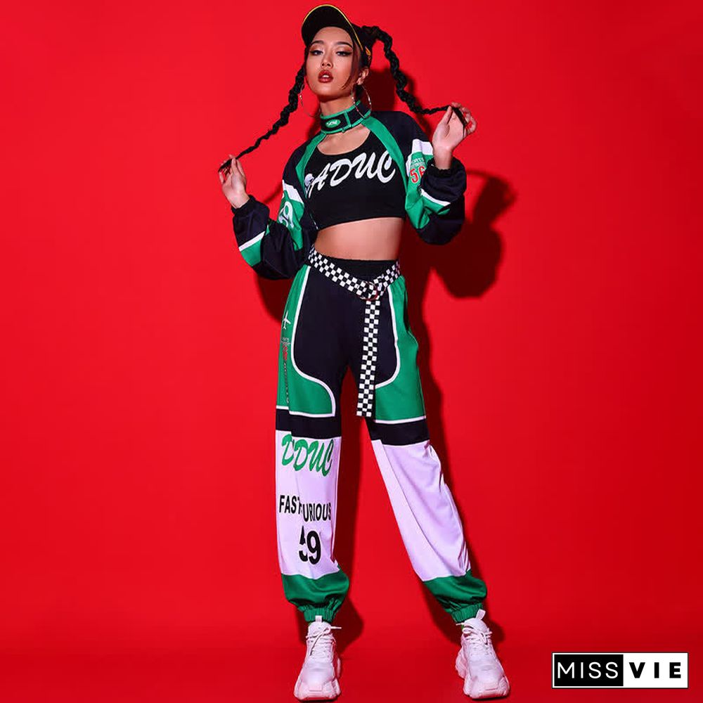 Letter Print Crop Top Shorts Mini Skirt Pants Colorblock Three Pieces Set