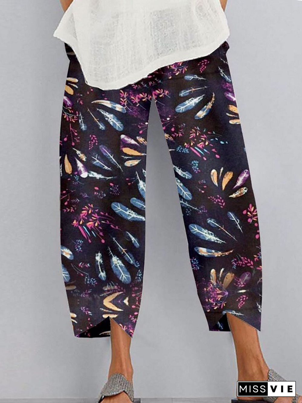 Vintage Geometric Floral Printed Pockets Plus Size Casual Pants