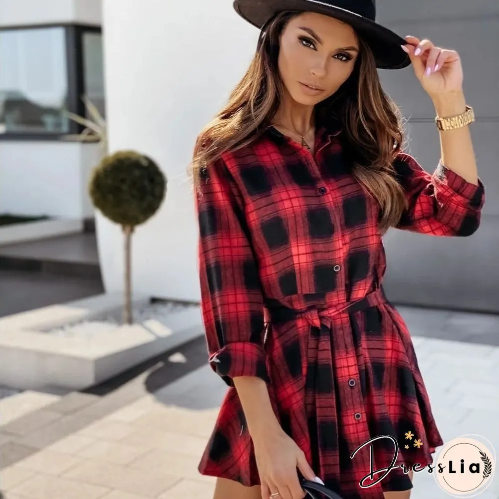 Autumn and Winter Fashion Sexy Printed Shirt Plaid Dress Skirt