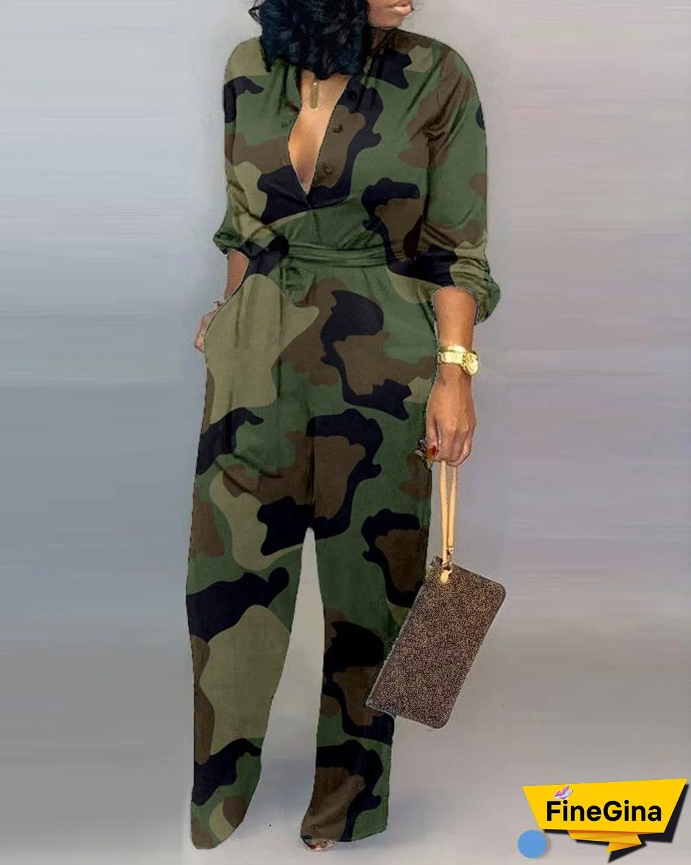 V Neck Camouflage Print Buttoned Jumpsuit