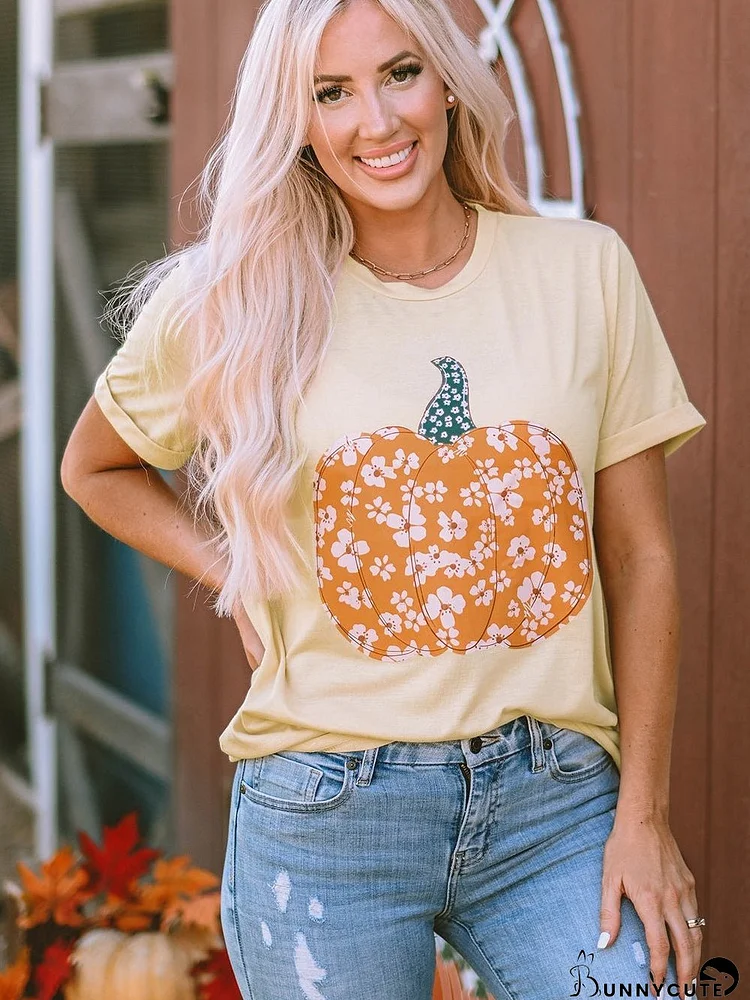 Floral Pumpkin Print Khaki Graphic Tee