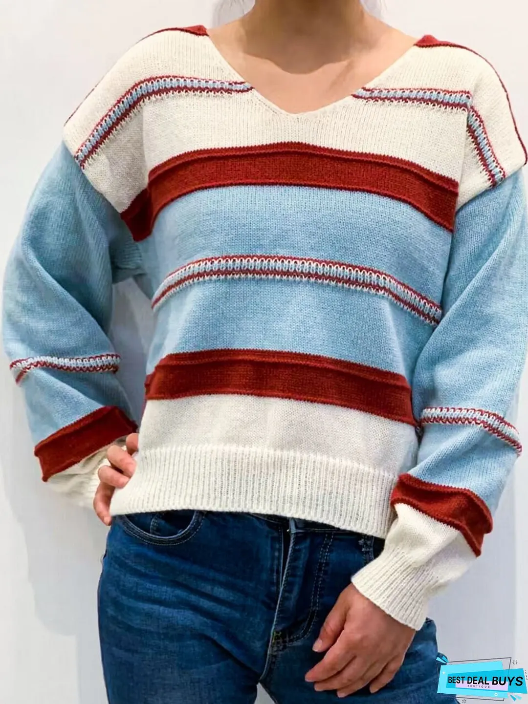 Contrast V-Neck Dropped Shoulder Sweater