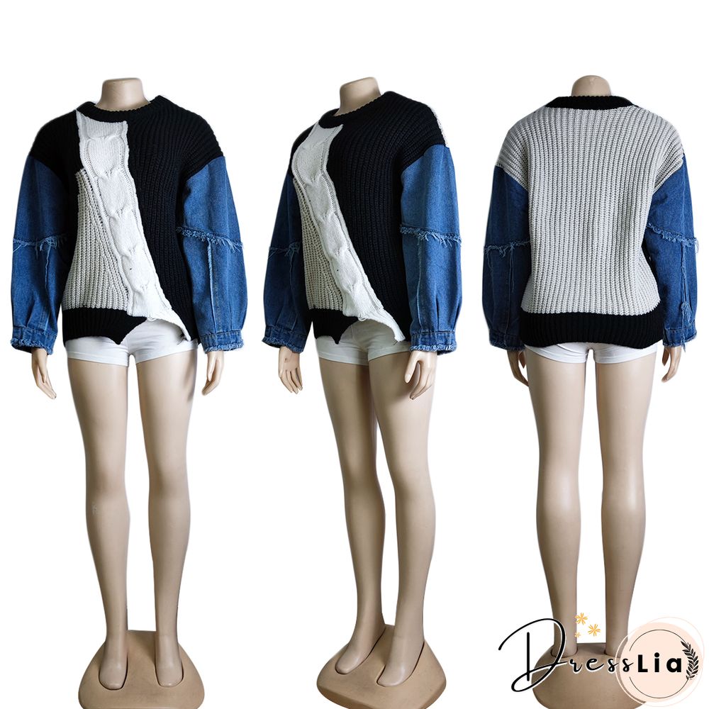 Contrast Color Denim Patchwork Long Sleeve Sweaters