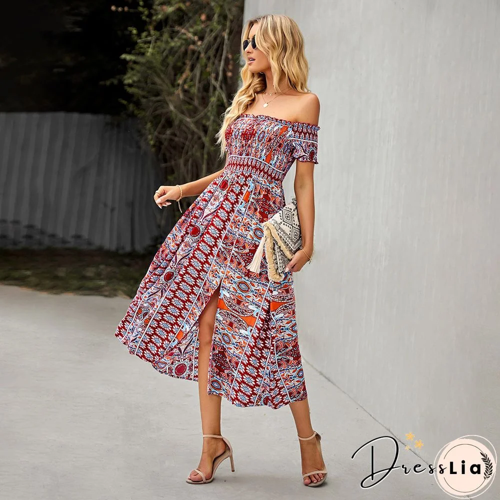 Elegant Floral Print Hem Split Dresses Women Summer Dress New Boho Holiday Slash Neck Short Sleeve Swing Midi Dress