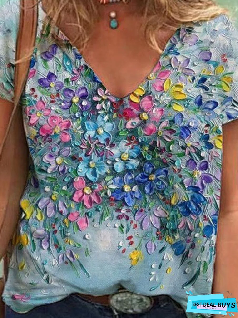 Cotton-Blend Loose Floral V Neck T-Shirts