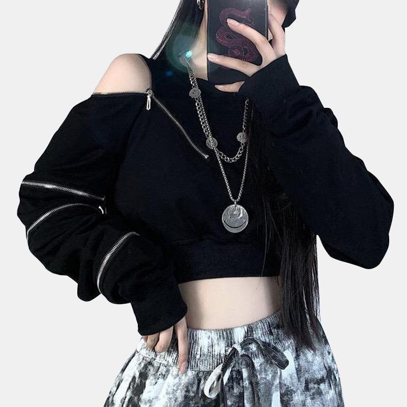 Off-shoulder Zipper Long-sleeve Sweatshirt