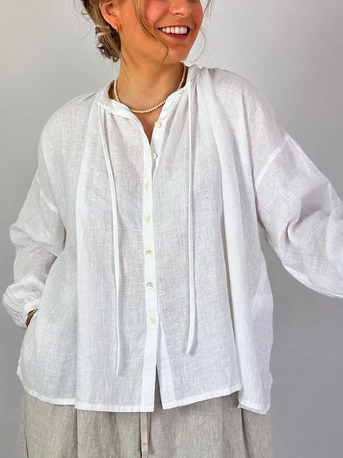 Women's Solid Color Stand Collar Drawstring Design Long Sleeve Casual Cotton And Linen Shirt