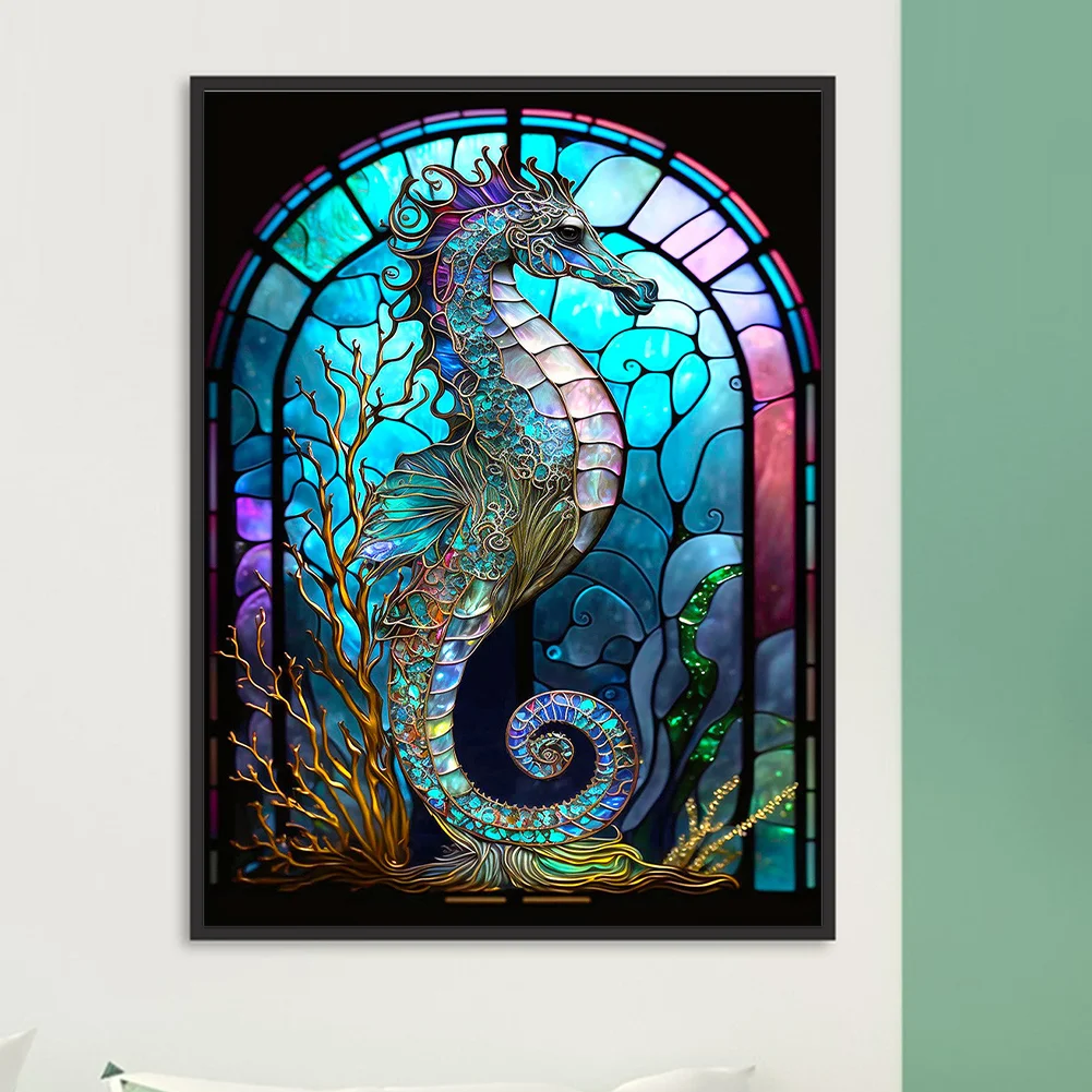 Partial AB Diamond Painting - Full Round Drill - Stained Glass Hippocampus(Canvas|35*45cm)