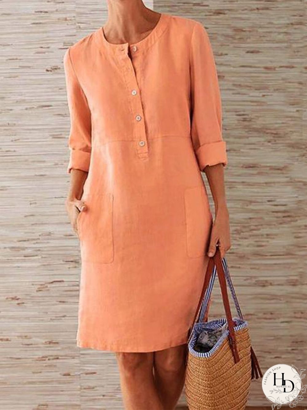 Solid Color Stand Collar Long Sleeve Buttoned Dress