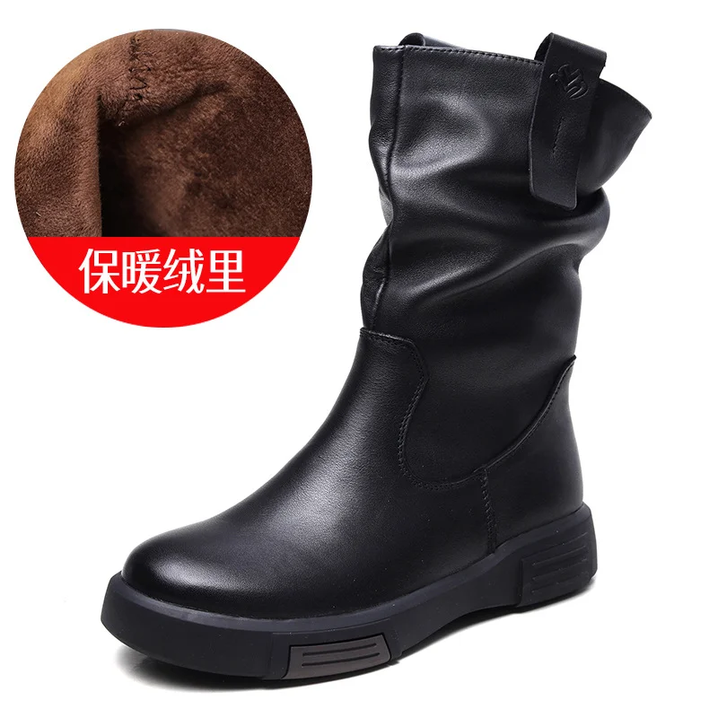 Yyvonne Layer Kraft Mid-Sleet Boots Women Autumn And Winter New Flat Bottom Comfortable Side Zipper Martin Boots Retro Style Horse Boots