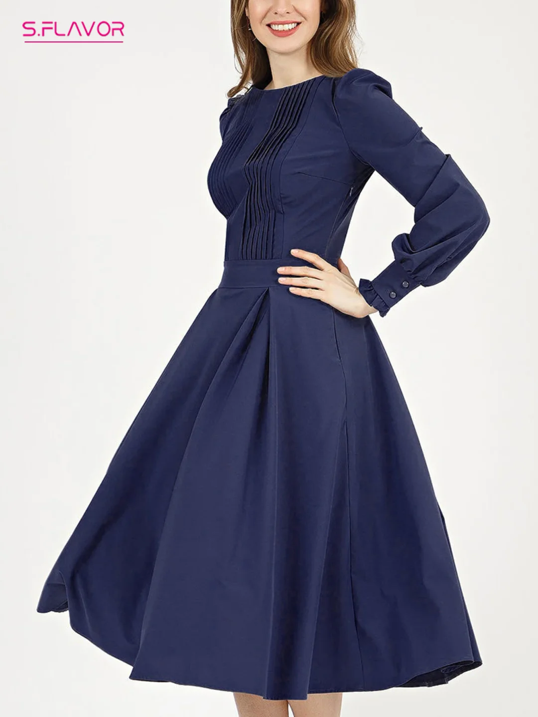 Jangj S.FLAVOR Women Long Sleeve Classic Midi Dress Elegant O-neck Navy Color Working Dresses 2022 Autumn Winter