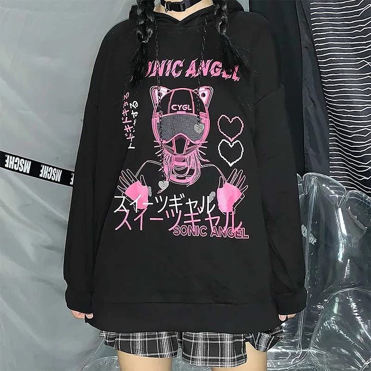 Black "Sonic Angel" Print Hooded Harajuku eGirl Sweatshirt SP16123