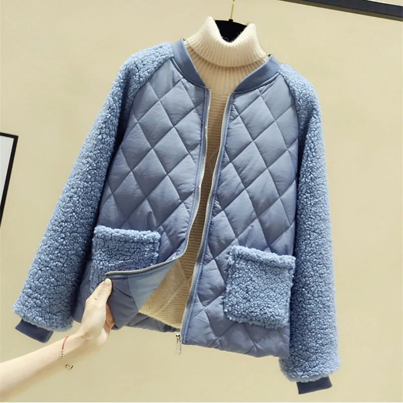 Short cotton jacket women autumn winter lambswool splice parka plus size loose warm outerwear female cotton-padded jackets 3293