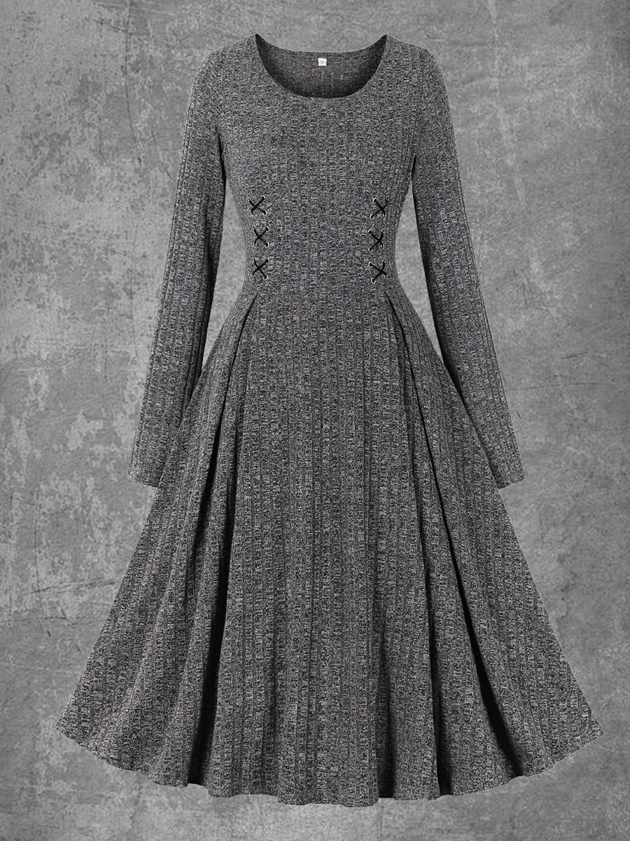 Solid Color Long Sleeve Round Neck Vintage Elegant Knitted Midi Dress