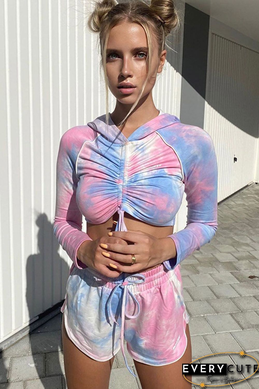 Multicolor Tie Dye Print Drawstring Crop Top and Shorts Active Set