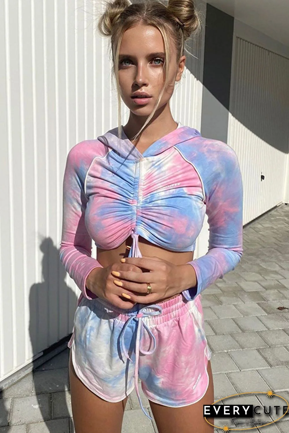 Multicolor Tie Dye Print Drawstring Crop Top and Shorts Active Set