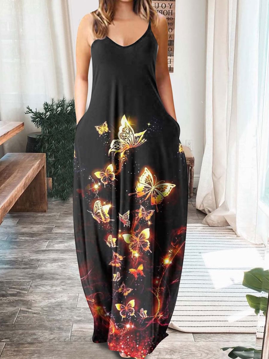 V-neck Casual Loose Print Sleeveless Maxi Dress