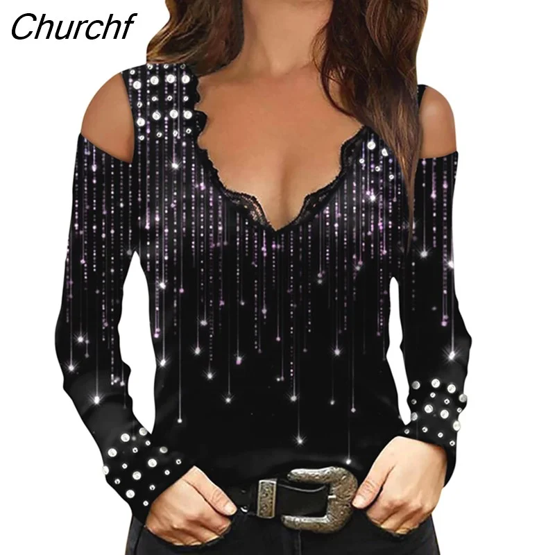 Churchf New Vintage Ethnic Long Sleeve T-shirts Women Sexy V-neck Off Shoulder Tops Elegant Aztec Pattern Tee Shirt Streetwear Tops