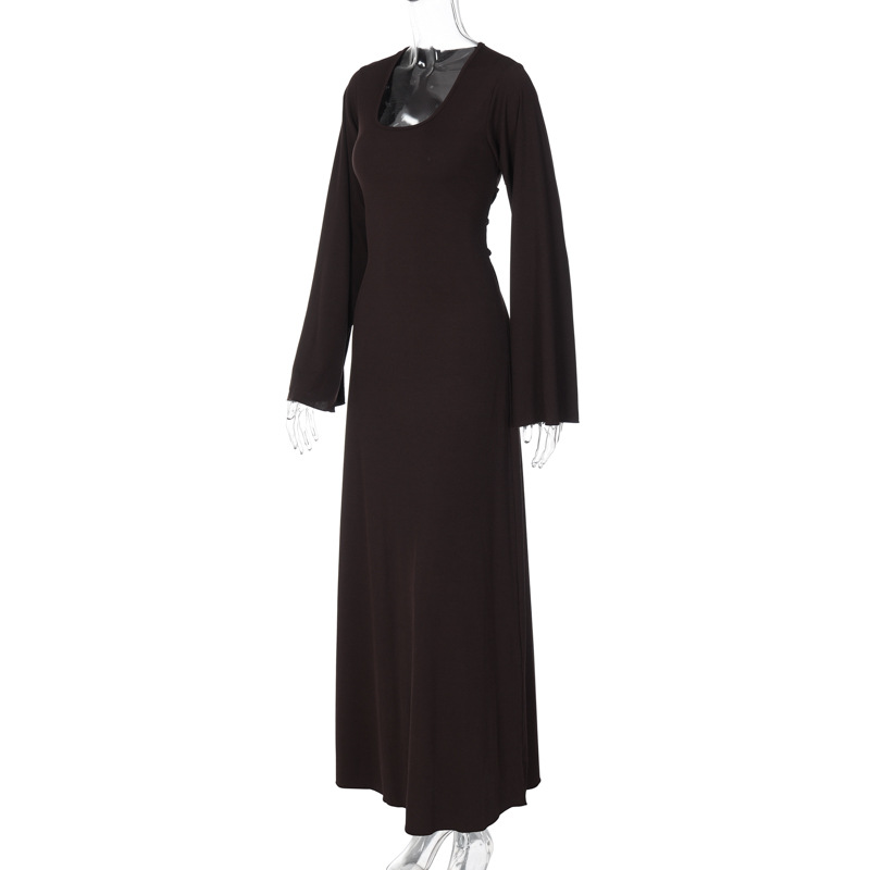 Ootddress Scoop Neck Lace-Up Ribbed Maxi Dress Female Long Sleeve Fashion Slim Loose Bandage Dress Autumn 2025 Solid Women Dress New