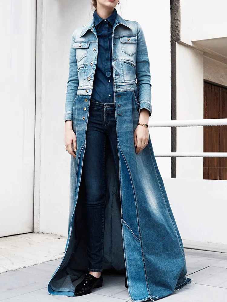 Fashion Washed Single Breasted Lapel Collar Floor Length Denim Coat