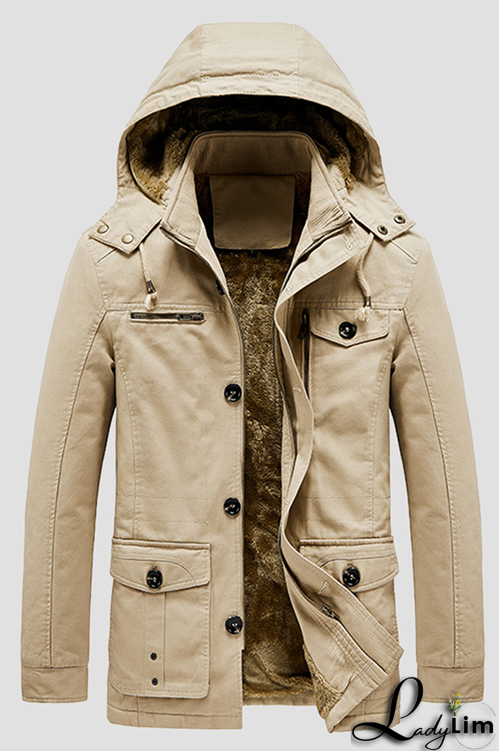 Earth Yellow Casual Solid Pocket Buckle Hooded Collar Outerwear