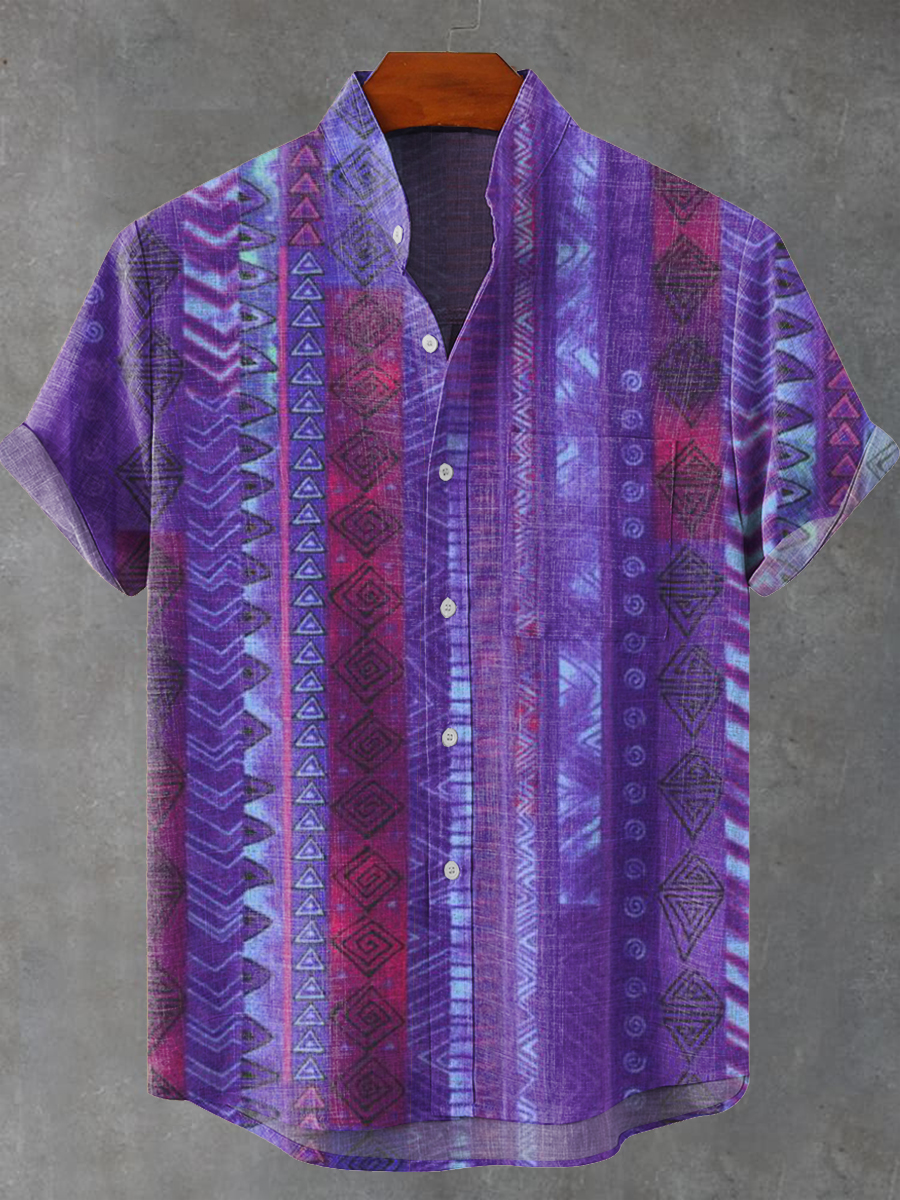 Vintage Abstract Diamond Geometric Stripes Art Print Casual 100% Cotton Shirt