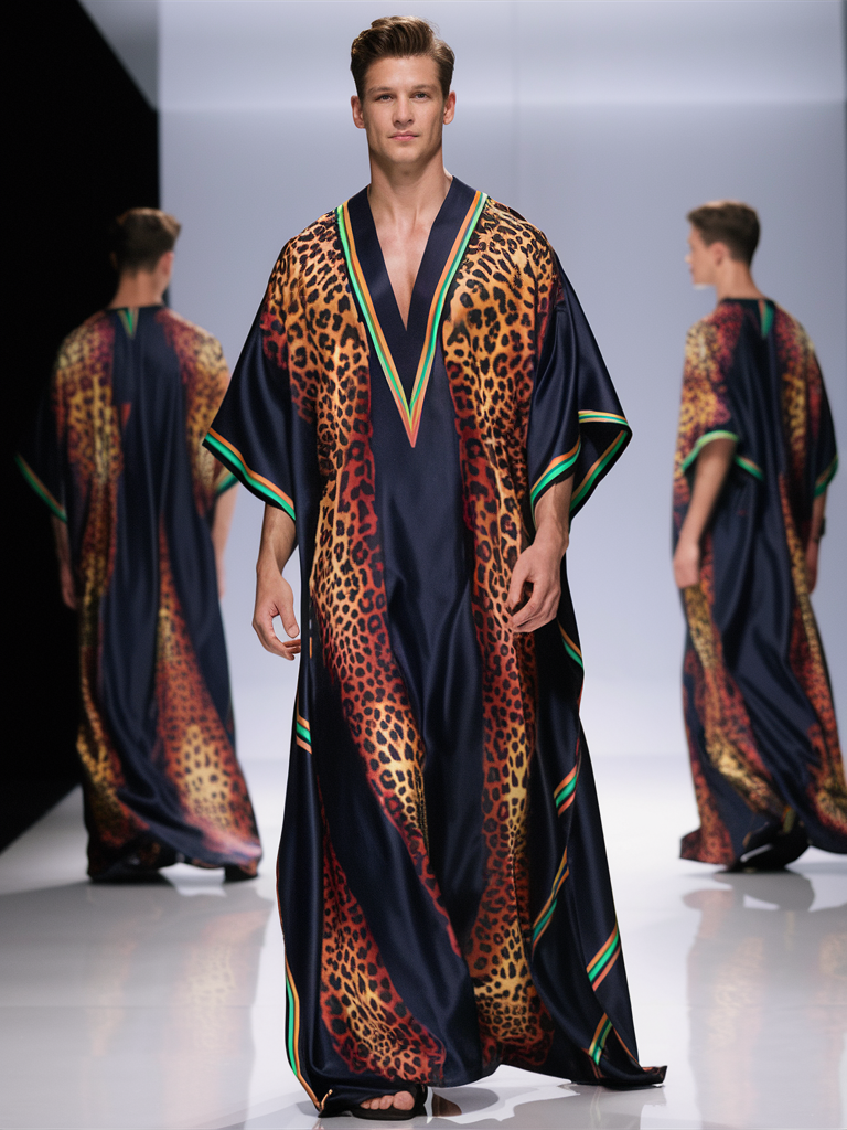 Leopard V-neck Men Kaftan Long Caftan