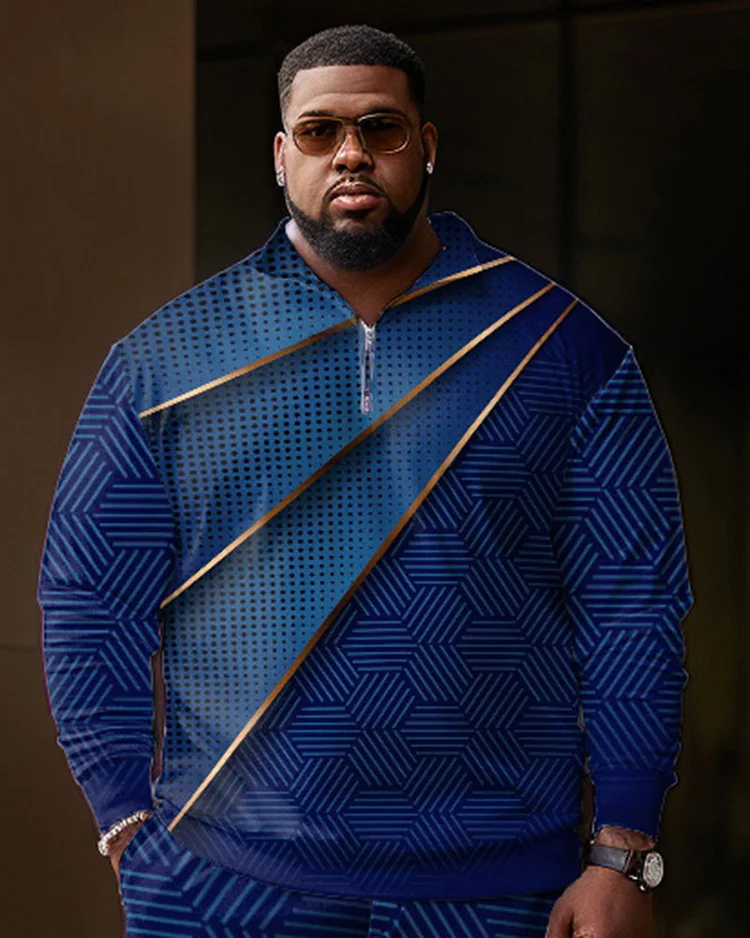 Men's Large Size Simple Geometric Zip Shirt and Pants Two-piece Set