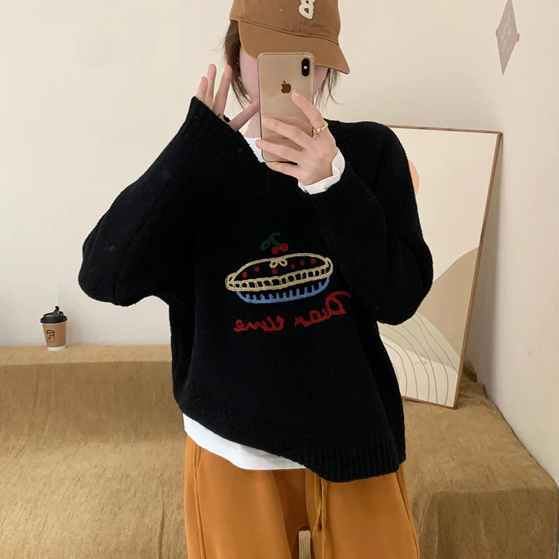 Churchf Knit Sweater Female Autumn Winter New Candy Color Round Collar Loose Joker Coat College Wind Sweater