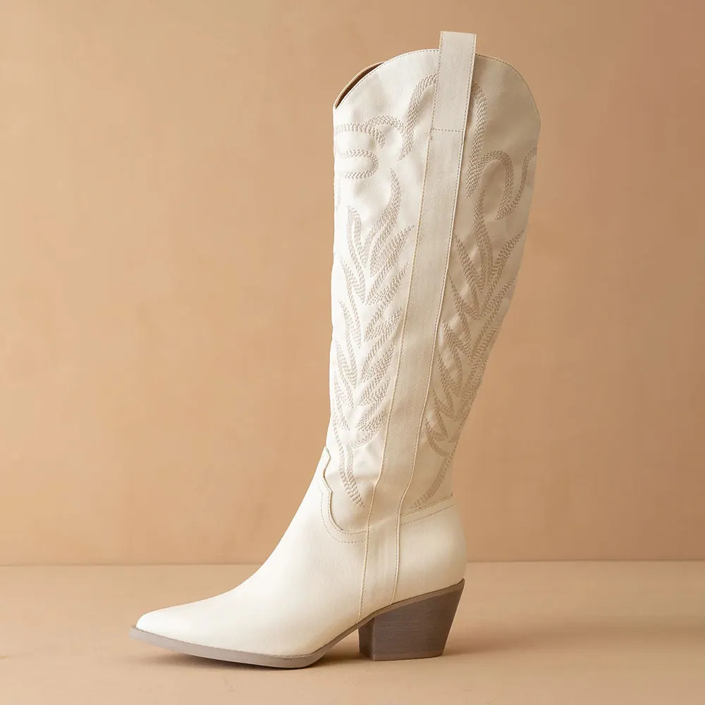Embroidered Pointed Toe Mid Calf White Cowgirl Boots for Women