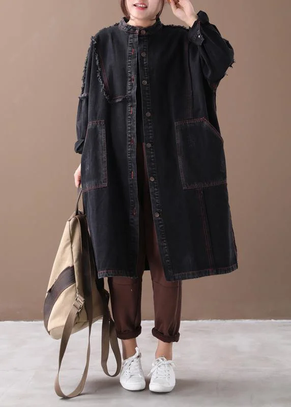 Chic denim black Fashion coat for woman Tutorials stand collar Button Down coats