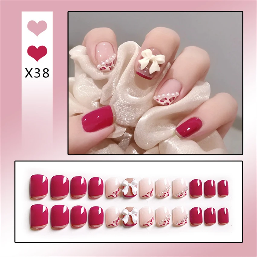 Bayuyun 24Pcs/Set Coffee Leopard French Fake Nails with Diamonds Japan Korean Artificial Acrylic Press on Nails Removable Stick on Nails