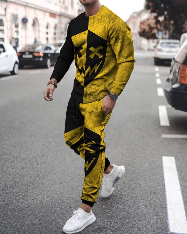 Men's casual Halloween color matching print long-sleeved sports set 046