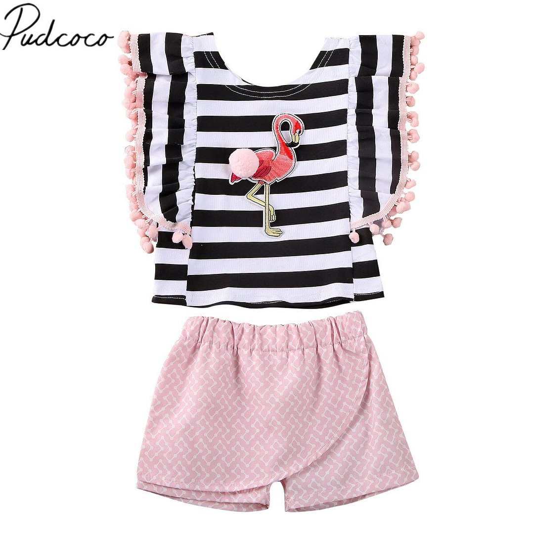 2020 Baby Summer Clothing Baby Kids Girl Flamingo Print Stripe Tassel Sleeve Shirt Tops+Shorts Pants 2Pcs Outfit Clothes Set