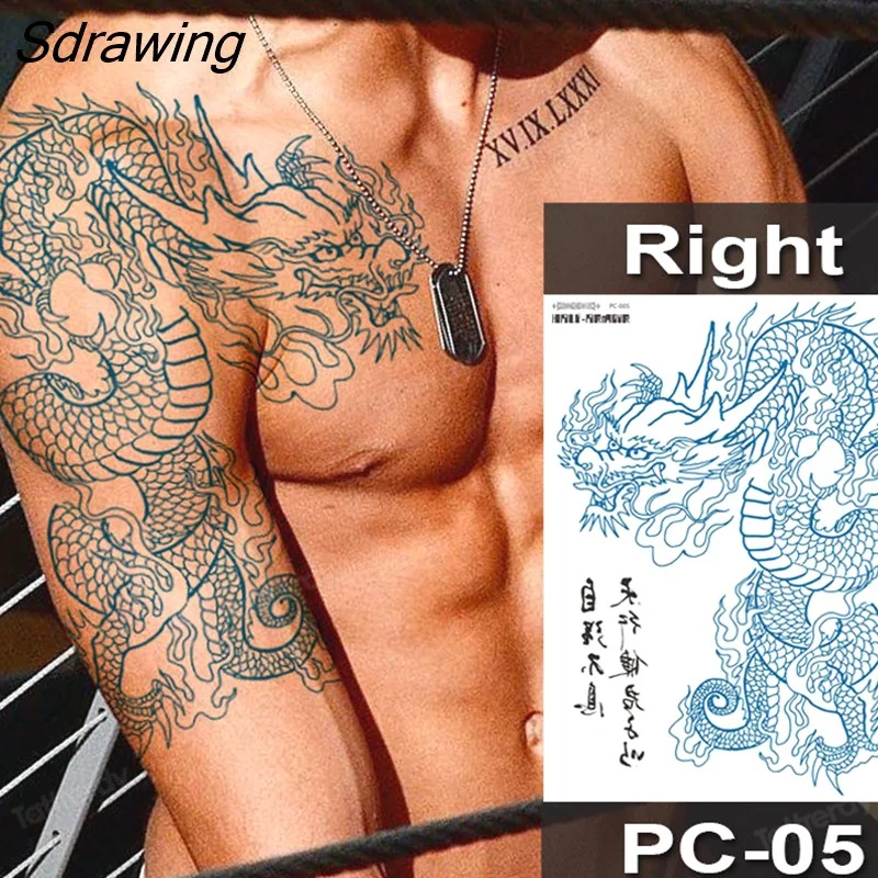 Sdrawing Fox Totem Dragon Waterproof Temporary Tattoos Body Art Arm Shoulder Chest Tattoo Sticker Black Tatouage Men Adult Large