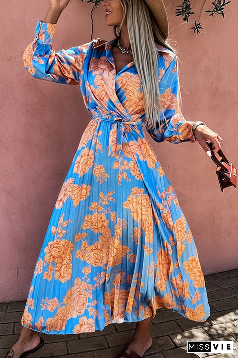 Floral Belted Long Sleeve Maxi Dress