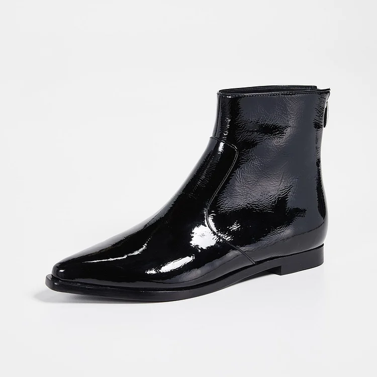 Black Patent Leather Pointed Toe Flat Ankle Boots with Zipper |FSJ Shoes