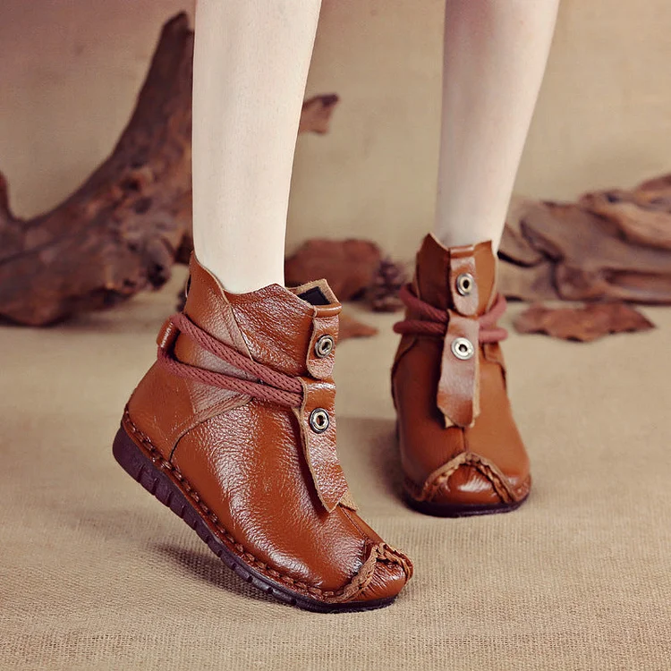 New autumn and winter first layer leather flat-bottom soft-soled booties QueenFunky
